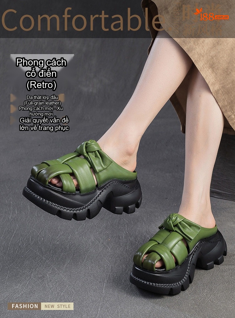Dép Sandal Nữ Quai Dệt Da Bò Đế Cao 4cm - 5cm Màu Nâu, Xám, Xanh, Đen chi tiết 1
