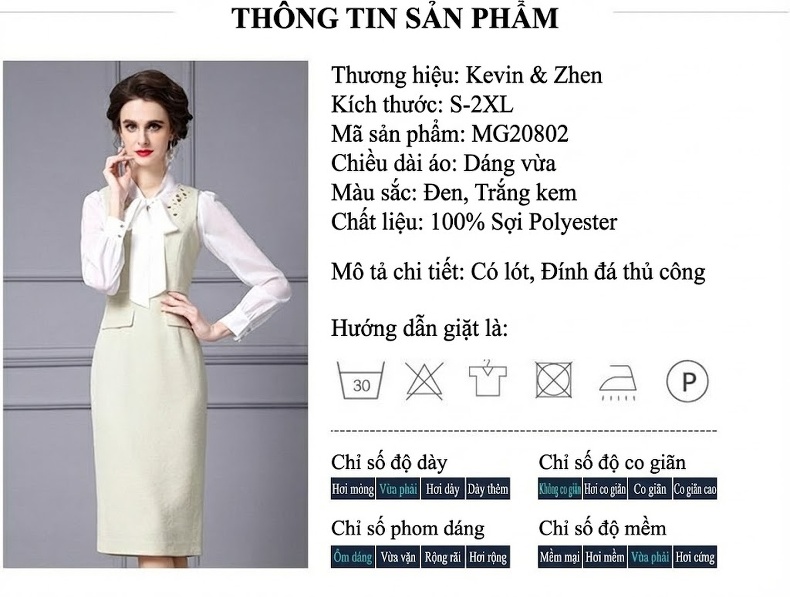 Váy Liền Thân Nữ Thiết Kế Pháp Giả Hai Lớp Tay Bồng Màu Trắng, Be chi tiết 18