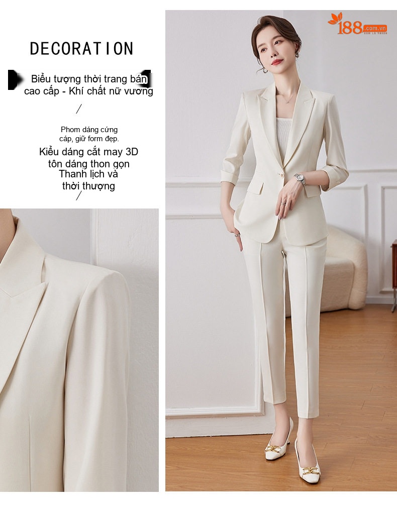 Bộ Vest Công Sở Nữ Tay Lỡ Phong Cách Hàn Quốc Màu Kem, Xanh, Đen chi tiết 10