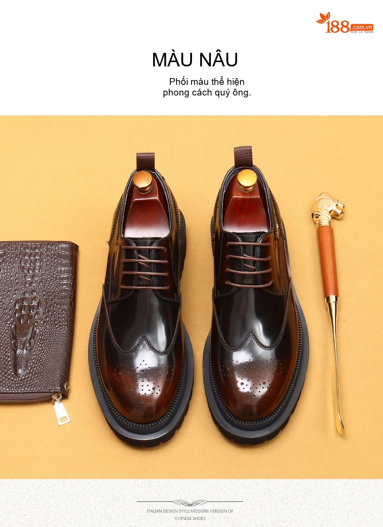 Giày Tây Buộc Dây Nam Da Bò Chiều Cao Đế Khoảng 4cm Kiểu dáng Brogue Màu Đen chi tiết 11