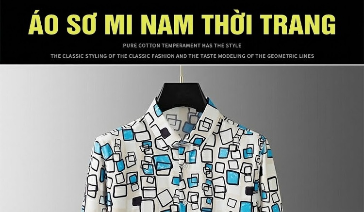Áo Sơ Mi Nam Dài Tay In Họa Tiết Vuông Vắn Phong Cách Âu Mỹ Màu Trắng, Xanh, Đen chi tiết 1