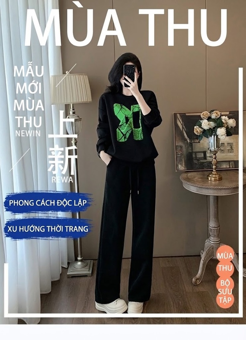 Bộ Đồ Nữ Áo Hoodie và Quần Dài Dáng Rộng Lót Lông Dày Dặn Phong Cách Hàn Quốc Màu Đen chi tiết 1