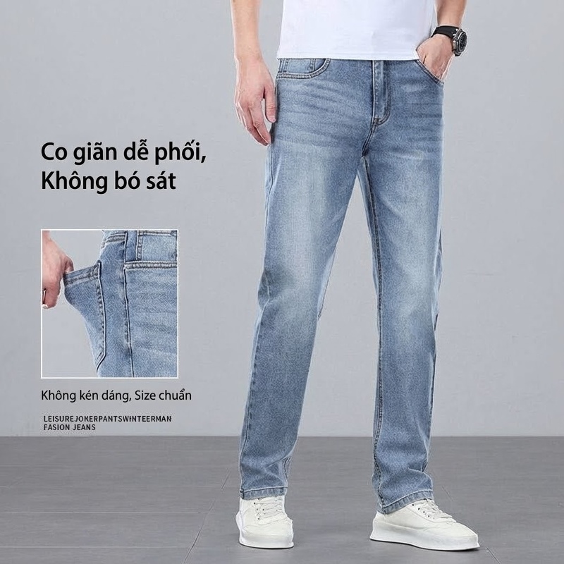 Quần Jean Nam Ống Suông Dáng Rộng Cotton Co Giãn Màu Xanh Nhạt, Xanh Đậm