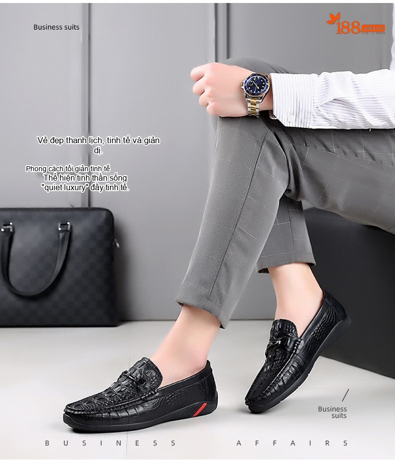 Giày Lười Nam Da Bò Vân Cá Sấu Chiều Cao Đế Khoảng 2cm Màu Đen chi tiết 3