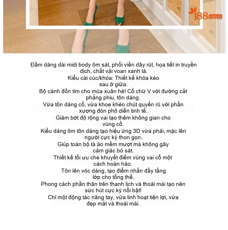 Váy Ôm Body Nữ Dáng Dài Tay Dài In Họa Tiết Xanh Lá Cổ chữ V Kiểu Dây Buộc chi tiết 2