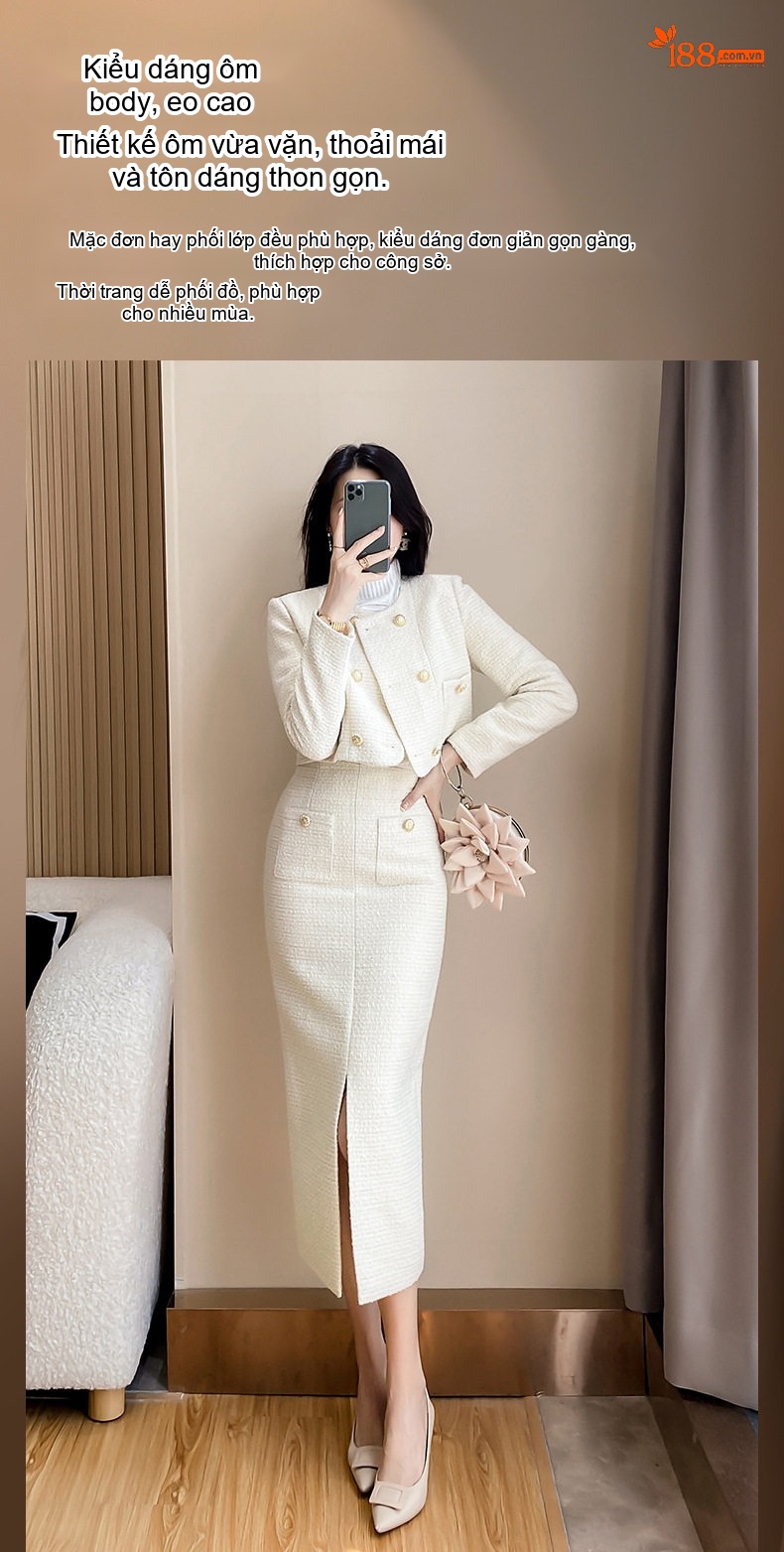 Bộ Set Áo Khoác Lửng và Chân Váy Nữ Vải Tweed Phong Cách Tiểu Thư Thanh Lịch Màu Trắng Kem chi tiết 2