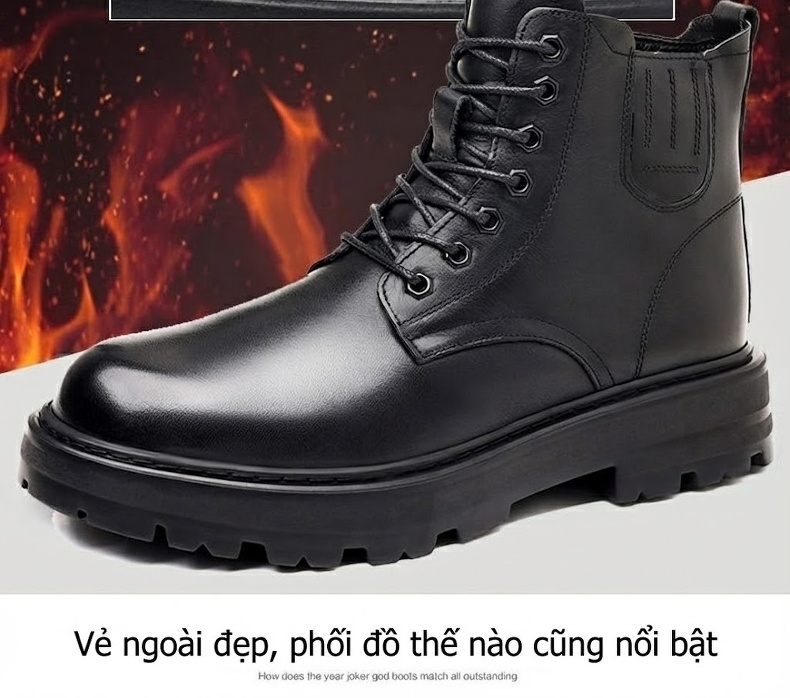 Giày Boot Martin Nam Da Thật Lót Lông Cừu Dày Dặn Chiều Cao Đế Khoảng 4cm Màu Đen chi tiết 5