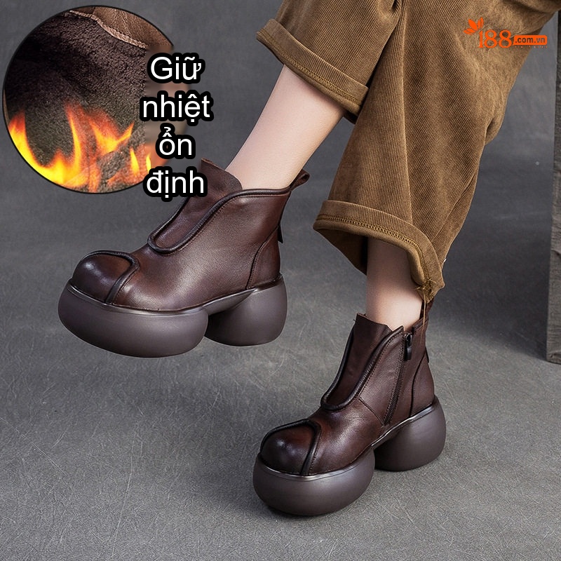 Boot Nữ Da Bò Lót Lông Cao Cấp Chiều Cao Đế Khoảng 6cm Màu Đen, Nâu