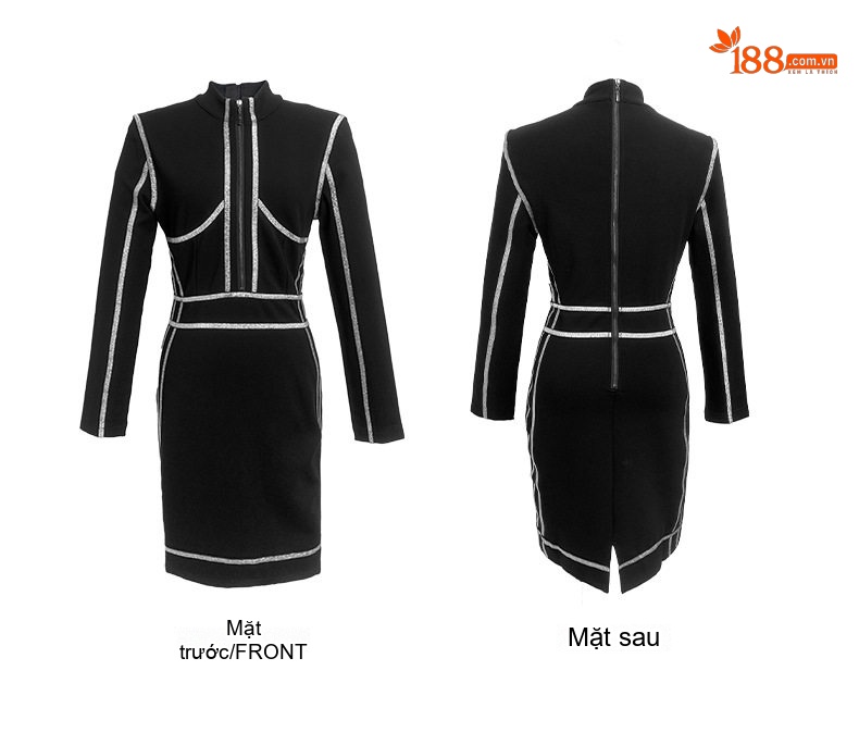 Váy Ôm Body Nữ Tay Dài Cổ Cao Màu Đen Trắng chi tiết 6