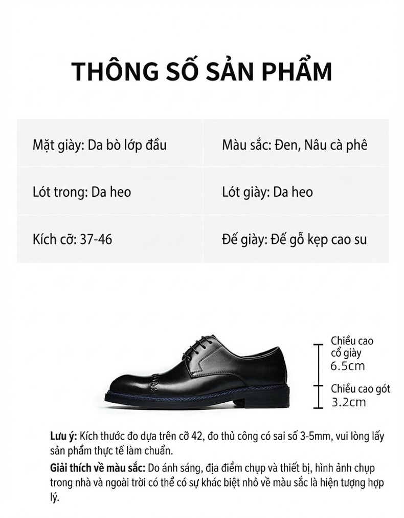 Giày Tây Buộc Dây Nam Da Bóng Mũi Nhọn Chiều Cao Đế Khoảng 3cm Màu Đen chi tiết 2