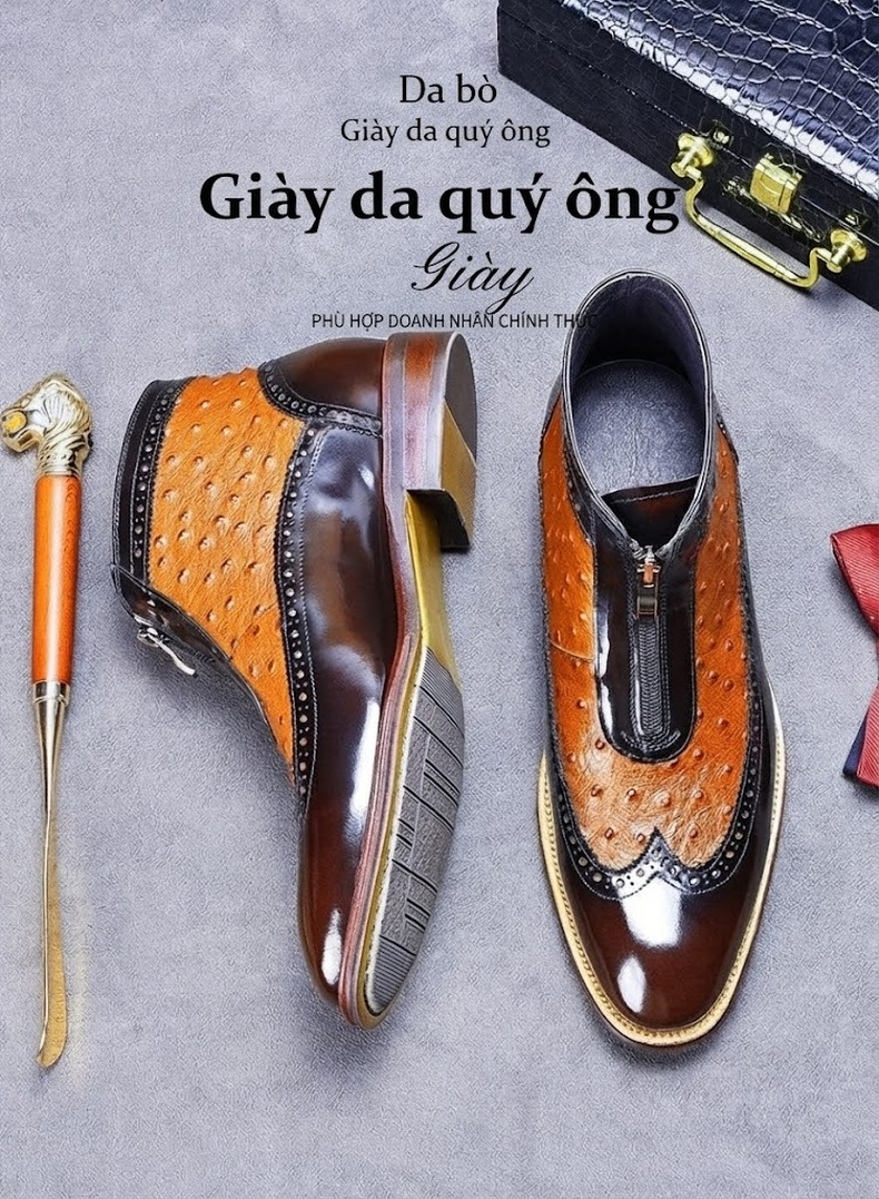 Boot Nam Da Bóng Khóa Kéo Trước Vân Đà Điểu Chiều Cao Đế Khoảng 3cm Màu Đen, Nâu chi tiết 1
