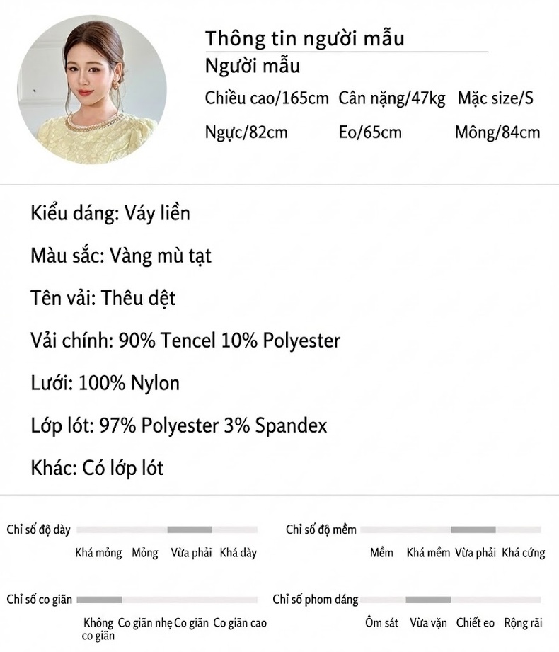 Váy liền thân Nữ Tay Ngắn Cổ Tròn Đính Đá Eo Ôm Thêu Hoa Chữ A Màu Vàng chi tiết 2