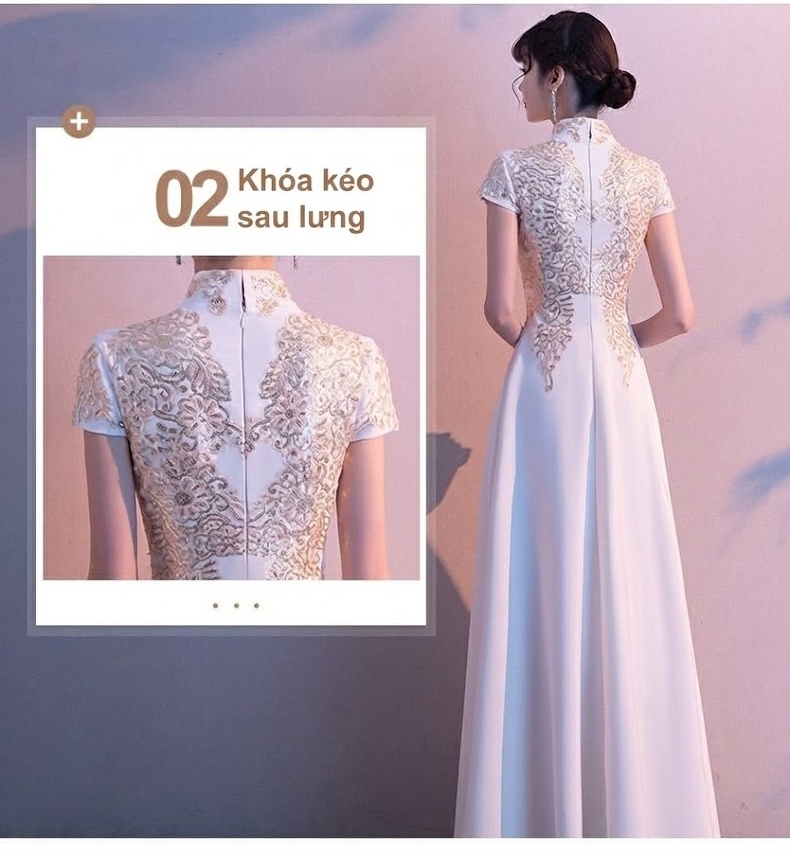 Váy Dạ Hội Dáng Dài Cổ Tàu Thêu Họa Tiết Dự Tiệc Biểu Diễn Phong Cách Trung Hoa Màu Trắng, Đen, Đỏ, Xanh Navy... chi tiết 4