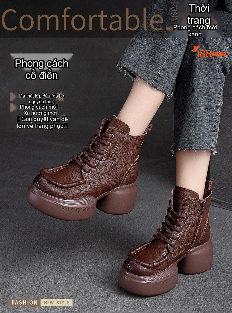 Boot Martin Nữ Dây Buộc Da Mờ Giữ Ấm Mùa Đông Chiều Cao Đế Khoảng 5cm Màu Đen, Nâu chi tiết 1