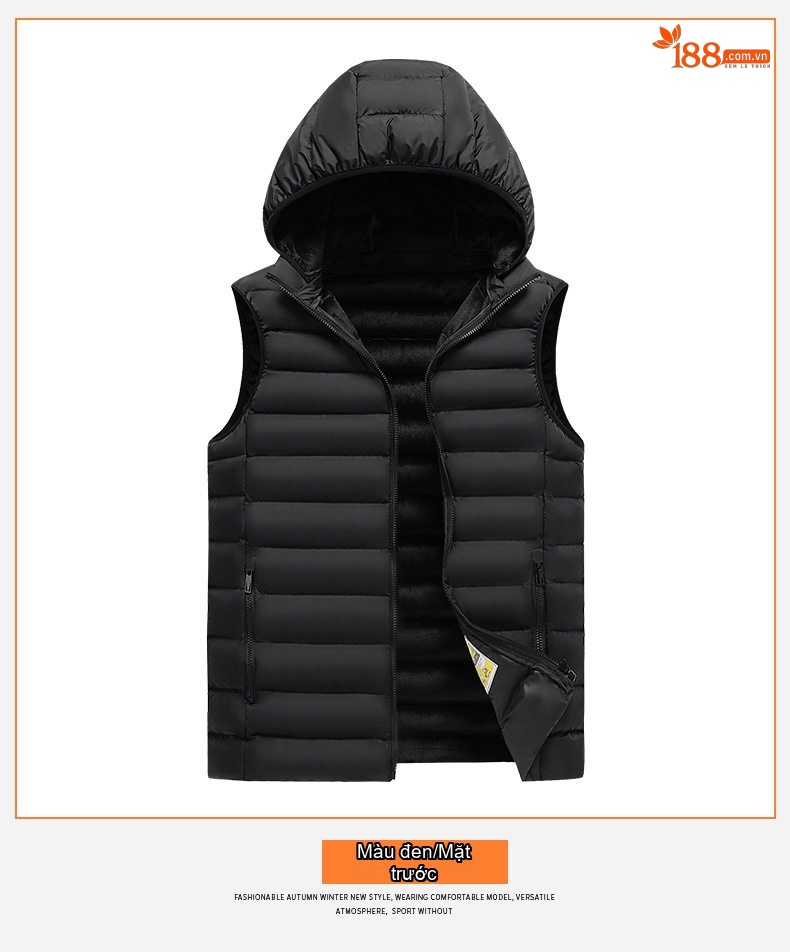Áo Gile Bông Nam Có Mũ Trùm Đầu Tháo Rời 100% Polyester Màu Đen, Xám, Xanh Lam, Xanh Đậm... chi tiết 19