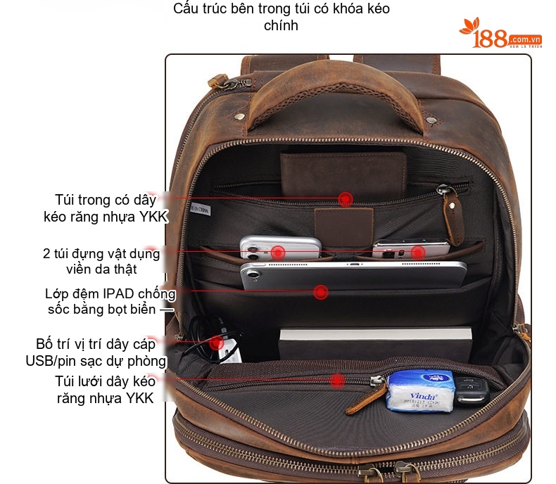 Balo Da Thật Nam Đa Năng Phong Cách Retro Túi Đựng Laptop USB Da Bò Sáp Màu Nâu chi tiết 10