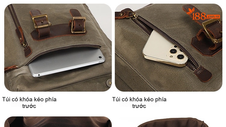 Balo Du Lịch Laptop Sinh Viên Vải Canvas Dầu Sáp Chống Thấm Nước Phong Cách Retro Màu Xám, Nâu, Đen chi tiết 4