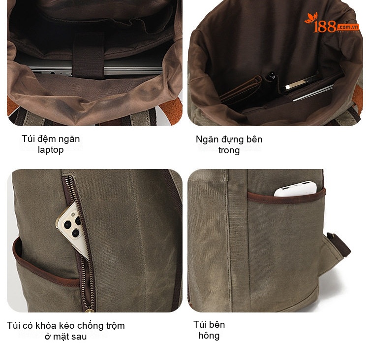 Balo Du Lịch Laptop Sinh Viên Vải Canvas Dầu Sáp Chống Thấm Nước Phong Cách Retro Màu Xám, Nâu, Đen chi tiết 5