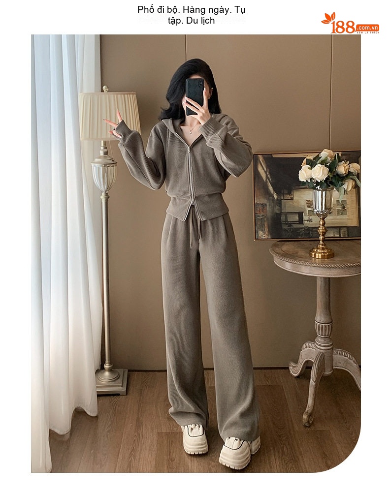 Bộ đồ nữ áo khoác ngắn có mũ quần ống rộng dệt kim chi tiết 13