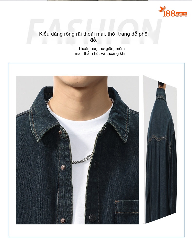 Áo Khoác Jean Nam Dáng Rộng Tay Dài Kiểu Retro Màu Xanh Đen chi tiết 3