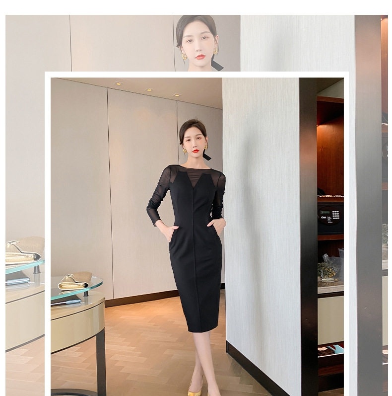 Váy liền thân Nữ Lưới Tay Dài Ôm Body Màu Đen chi tiết 1