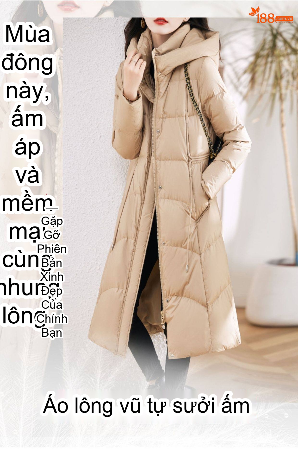 Áo Phao Nữ Dáng Dài Trùm Gối Có Mũ Lông Vũ Trắng Dày Dặn Ôm Dáng Màu Đen, Be chi tiết 1