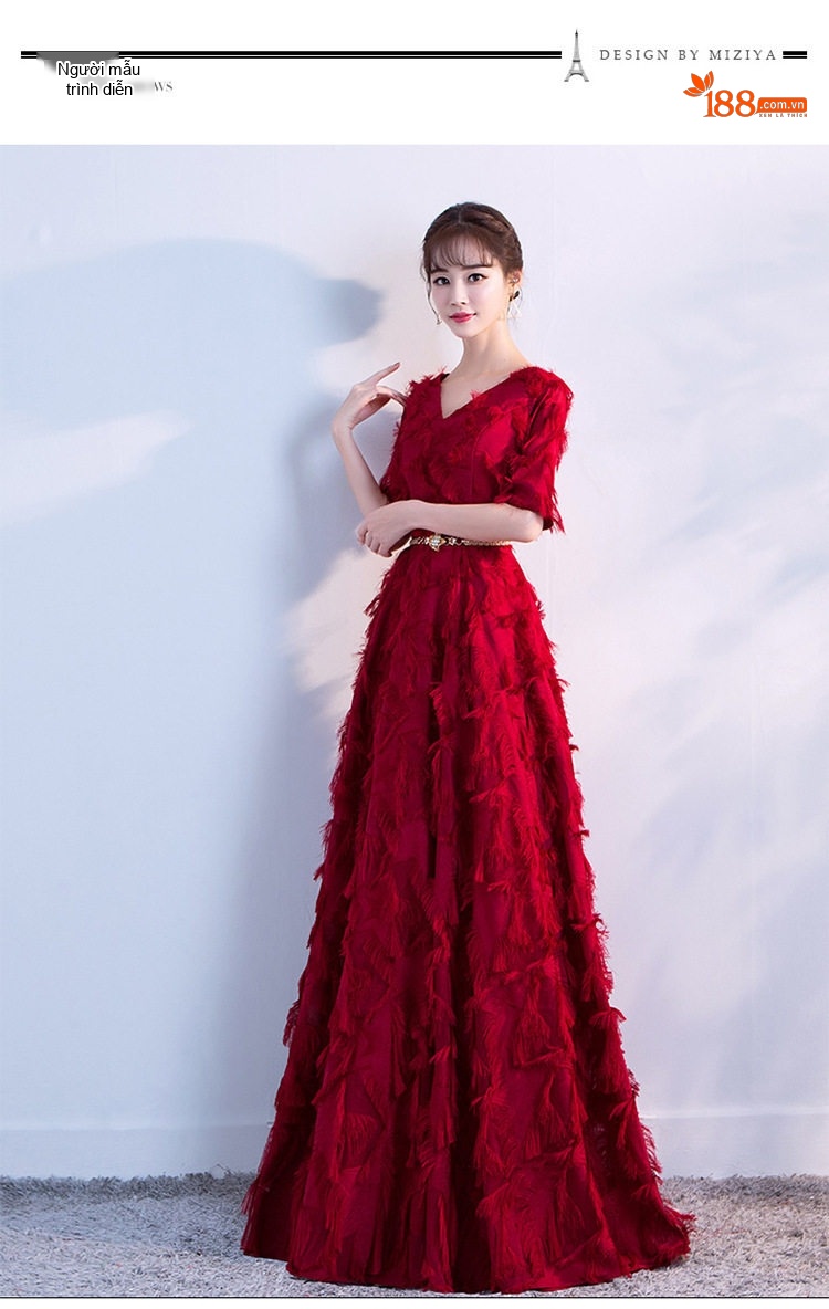 Váy Dạ Hội Nữ Dáng Dài Cổ chữ V Trẻ Trung Thanh Lịch Màu Trắng, Đỏ, Đen chi tiết 4