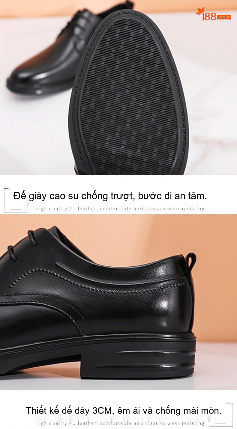 Giày Tây Buộc Dây Nam Da Bò Chiều Cao Đế Khoảng 3cm Màu Đen chi tiết 5
