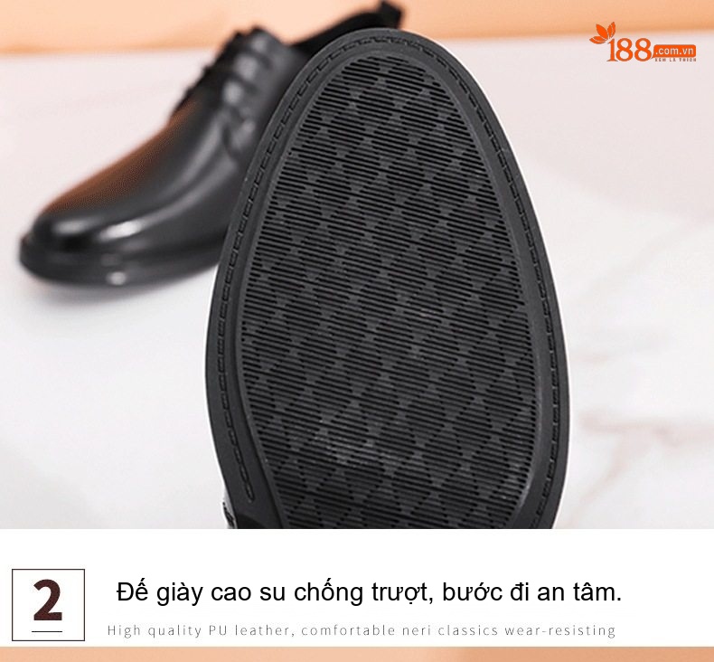 Giày Tây Buộc Dây Nam Da Bò Chiều Cao Đế Khoảng 3cm Màu Đen chi tiết 5