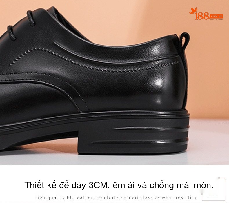 Giày Tây Buộc Dây Nam Da Bò Chiều Cao Đế Khoảng 3cm Màu Đen chi tiết 6