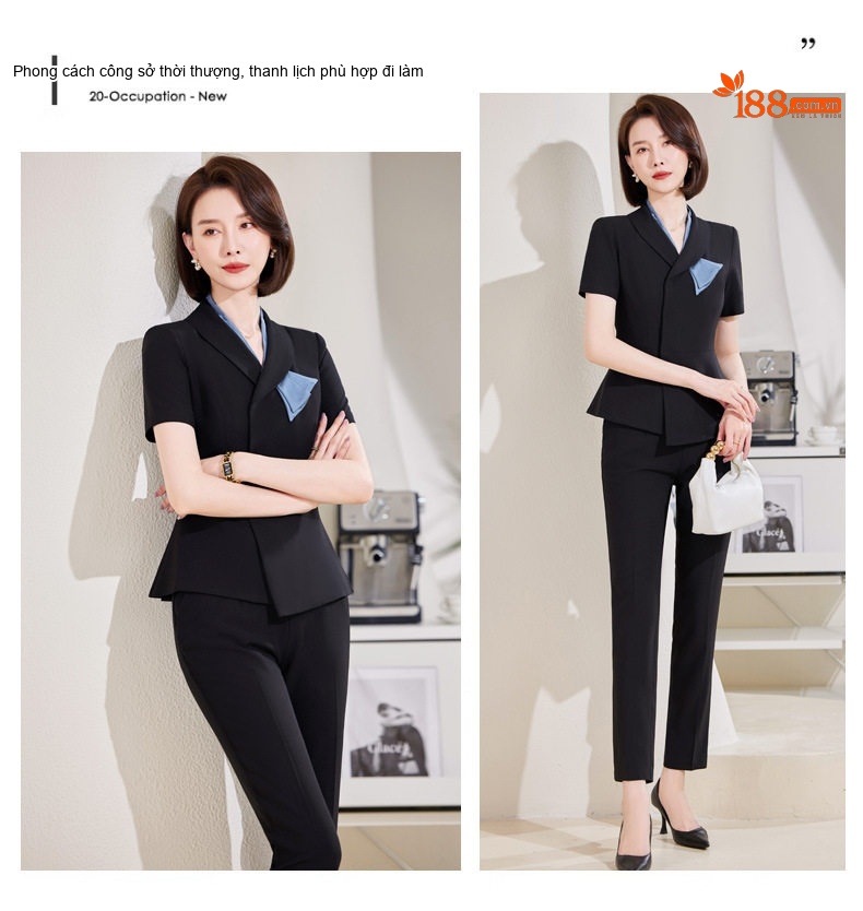 Set Bộ Vest Công Sở Nữ Tay Ngắn Thiết Kế Thanh Lịch Màu Đen, Xanh Navy chi tiết 16