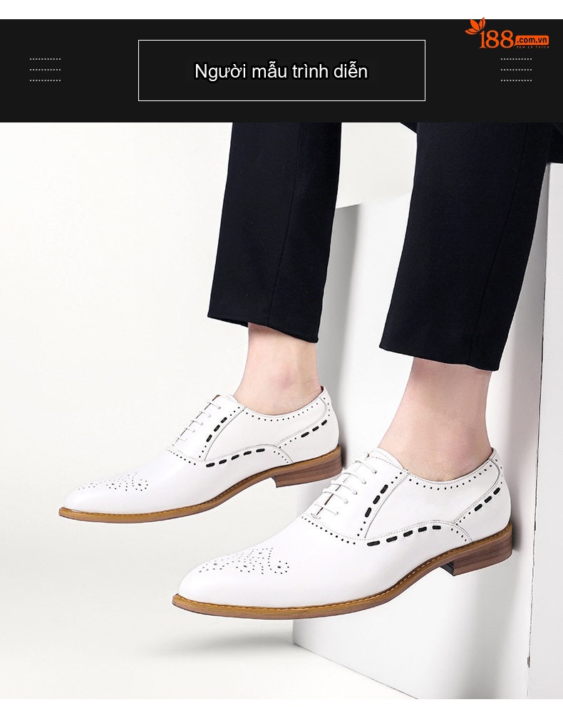 Giày Tây Buộc Dây Nam Da Bóng Brogue Chiều Cao Đế Khoảng 3cm Màu Trắng chi tiết 7