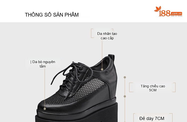 Giày Nữ Buộc Dây Da Bóng Đế Xuồng Lưới Thoáng Khí Chiều Cao Đế Khoảng 12cm Màu Đen, Trắng chi tiết 4