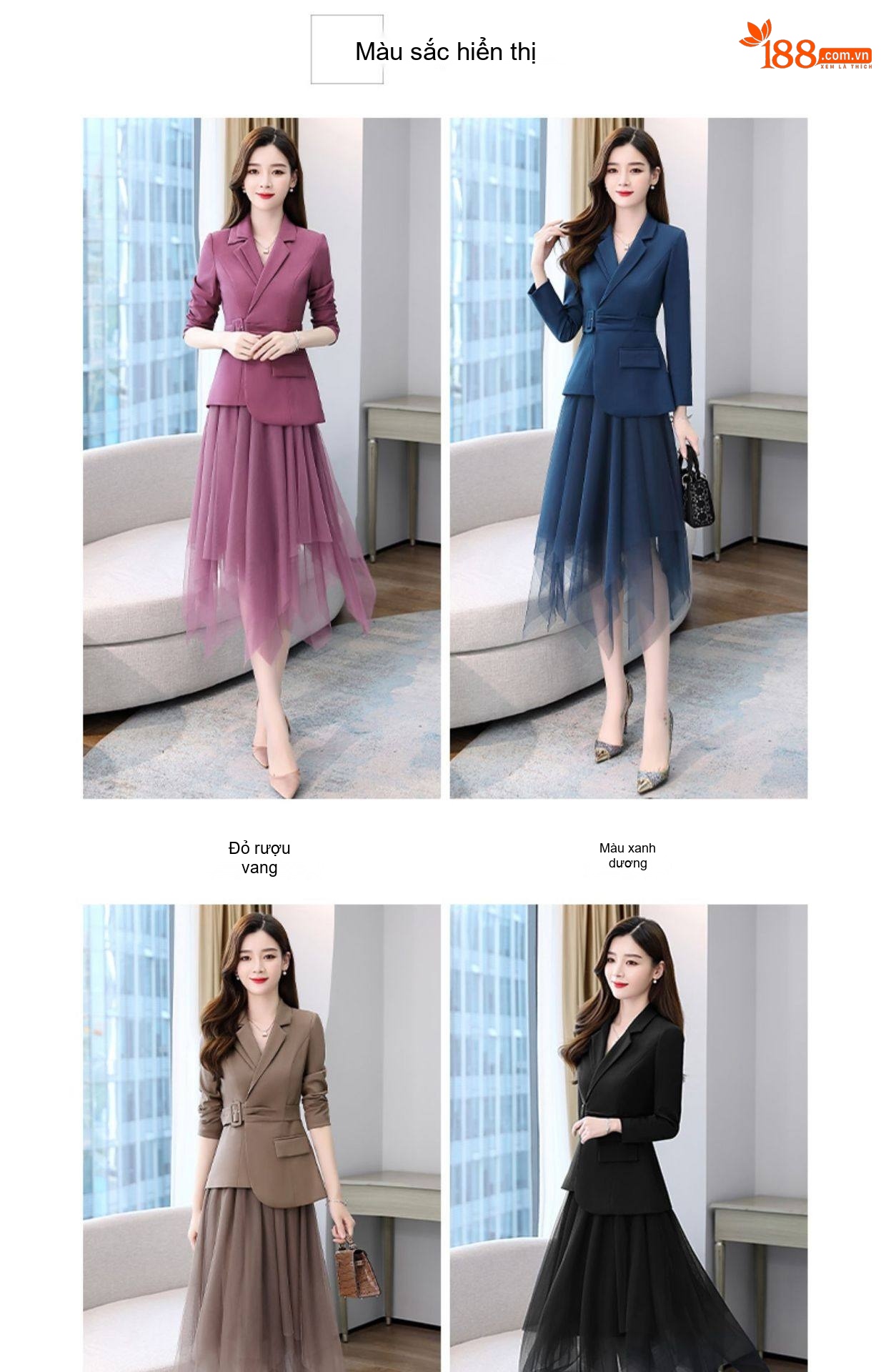 Set Áo Vest Blazer Tay Lỡ Và Chân Váy Voan Xòe Dáng Dài Thanh Lịch Màu Đỏ Tía, Xanh Navy, Nâu, Đen... chi tiết 8