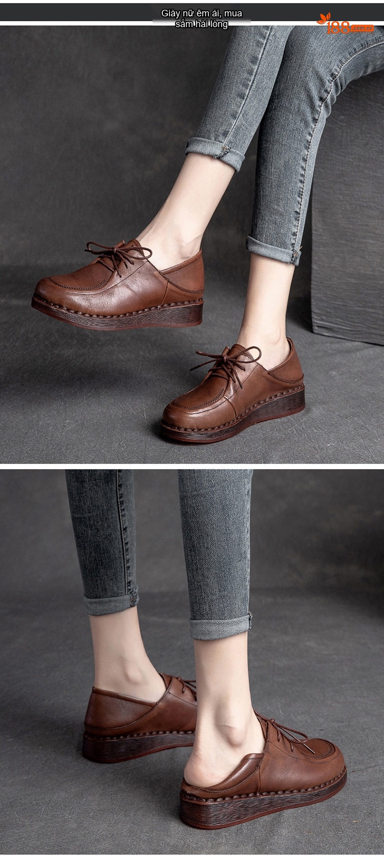 Giày Oxford Nữ Da Bóng Buộc Dây Chiều Cao Đế Khoảng 3cm Màu Đen, Nâu chi tiết 1
