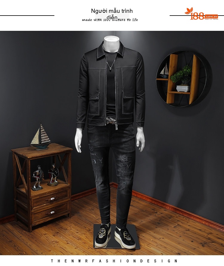 Áo Khoác Nam Cổ chữ Vest Viền Chỉ Nổi Phong Cách Casual Màu Đen chi tiết 3