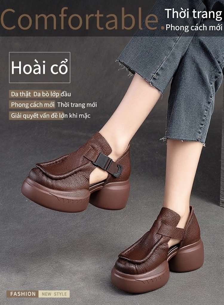 Dép Sandal Nữ Da Bò Hở Mũi Quai Dán Đế Cao 5cm - 6cm Màu Đen, Nâu chi tiết 1