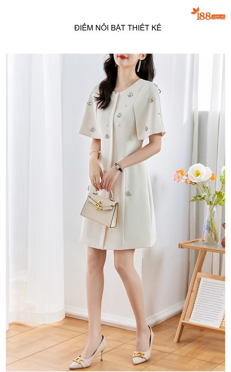 Váy Suông Nữ Tay Lửng Cổ Tròn Đính Đá Sang Trọng Màu Trắng chi tiết 3