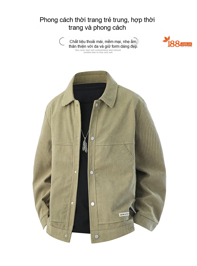 Áo Khoác Nam Cổ Bẻ Vải CORDUROY Dáng Bomber Màu Đen, Kem, Xanh Olive chi tiết 3