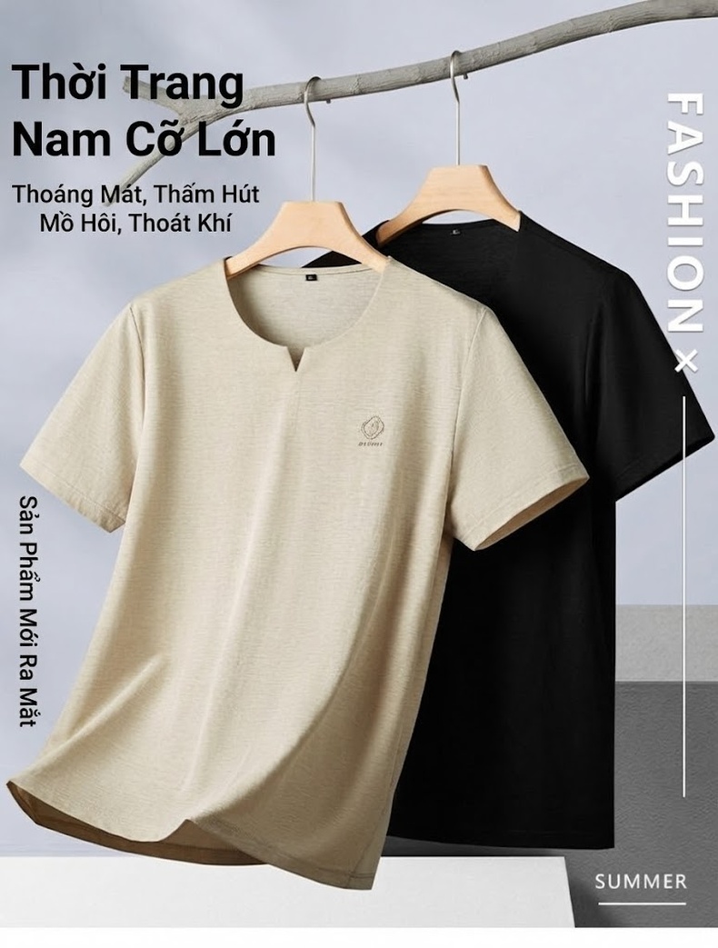 Áo Thun Cổ chữ V Nam Tay Ngắn Phong Cách Trung Hoa Size Lớn Màu Đen, Kem chi tiết 1