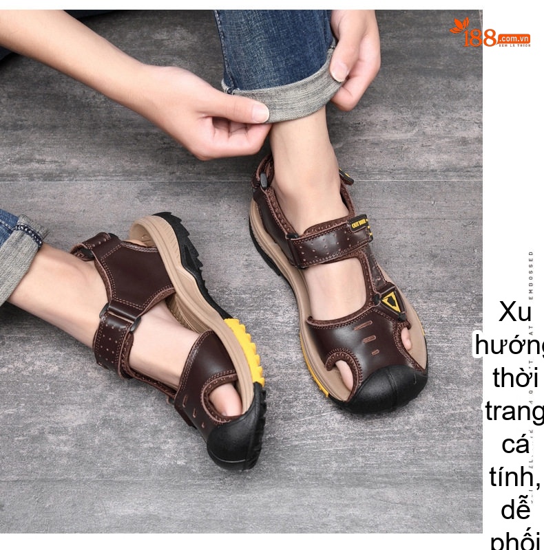 Dép Sandal Nam Da Thật Quai Dán Đế Cao Su Chống Trượt Bít Mũi Đi Biển, Đi Phượt (đế cao 3 cm) chi tiết 25
