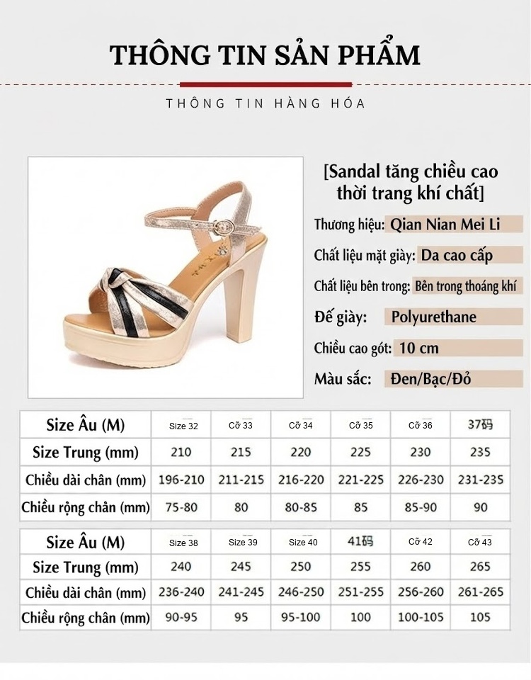 Giày Sandal Cao Gót Nữ Quai Ngang Hở Ngón Gót Cao 10cm Màu Vàng, Đen, Đỏ chi tiết 3