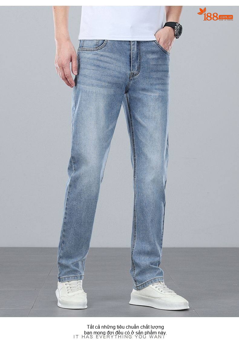 Quần Jean Nam Ống Suông Dáng Rộng Cotton Co Giãn Màu Xanh Nhạt, Xanh Đậm chi tiết 16