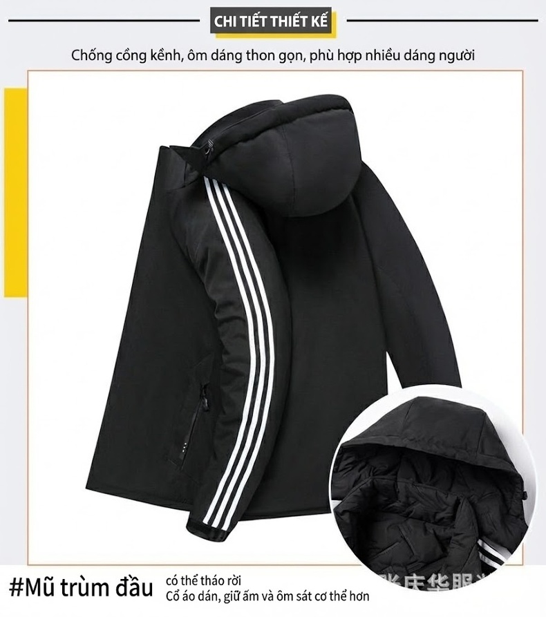 Áo Khoác Phao Nam Hai Mặt Có Mũ Trùm Đầu Lớn, Mũ Có Thể Tháo Rời Màu Đen chi tiết 1
