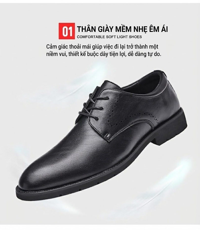 Giày Tây Buộc Dây Nam Da Thật Mũi Nhọn Chiều Cao Đế Khoảng 3cm Màu Đen, Nâu chi tiết 6