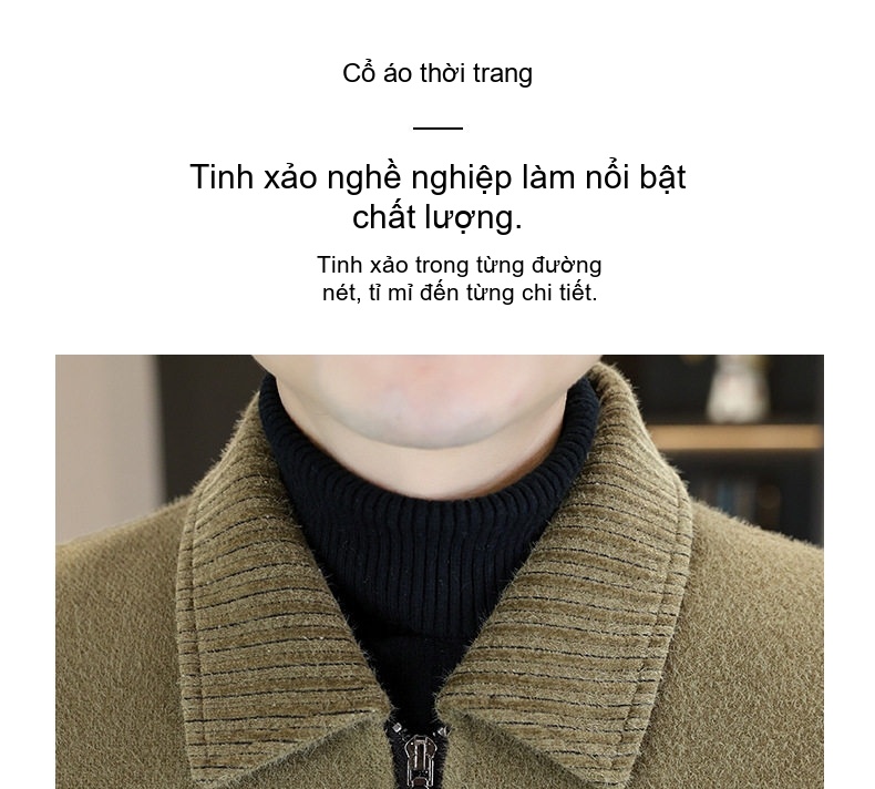Áo Khoác Nam Dệt Kim Nhung Sherpa Dày Dặn Cổ Bẻ Màu Đen, Xanh Olive chi tiết 8