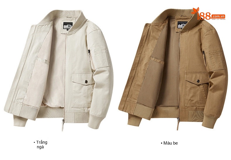 Áo Khoác Bomber Nam Cotton Dáng Rộng Phong Cách Bụi Bặm Màu Be, Xanh Navy, Nâu, Xanh Rêu... chi tiết 11