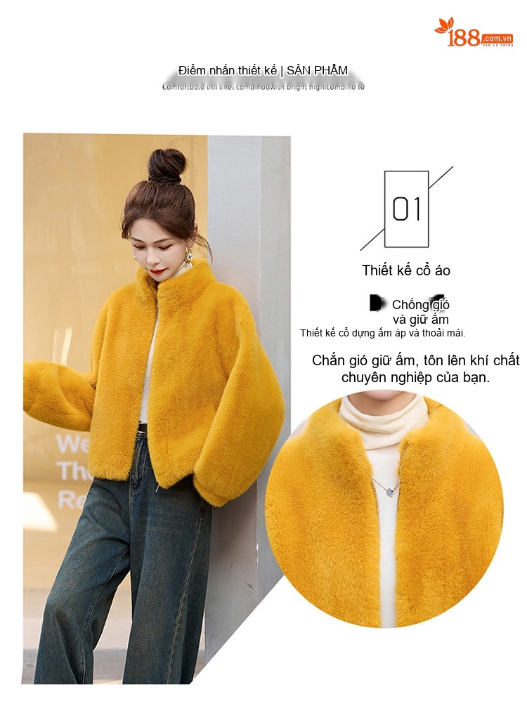 Áo Khoác Lông Ngắn Nữ Lông Cừu Non Dáng Nhỏ Gọn Giữ Ấm Màu Hồng, Trắng, Vàng chi tiết 12
