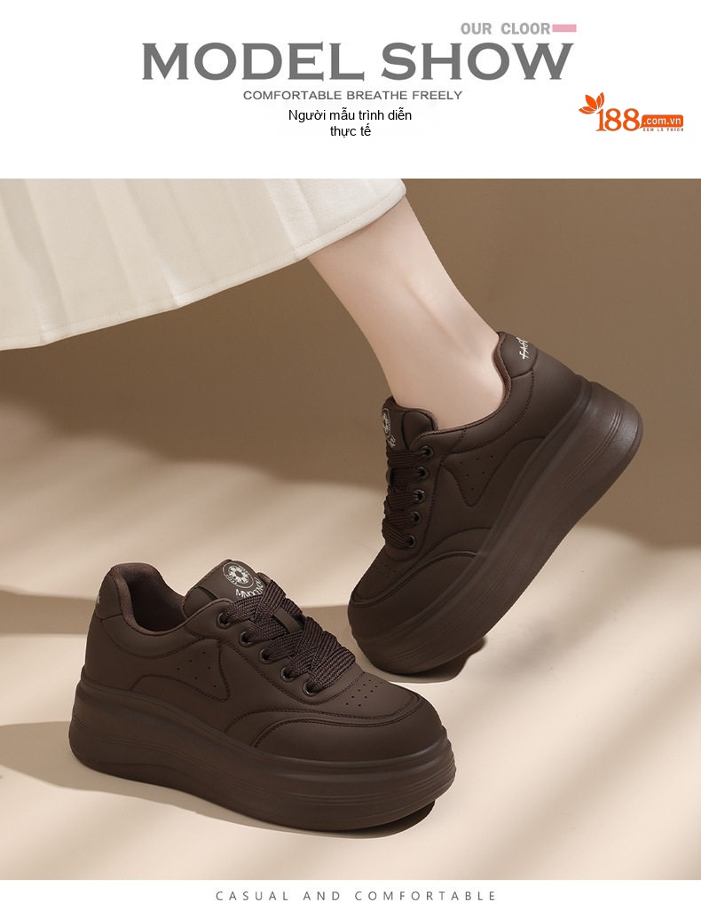 Giày Sneaker Nữ Đế Bánh Mì Chiều Cao Đế Khoảng 5cm Phong Cách Thể Thao Màu Đen, Nâu chi tiết 8
