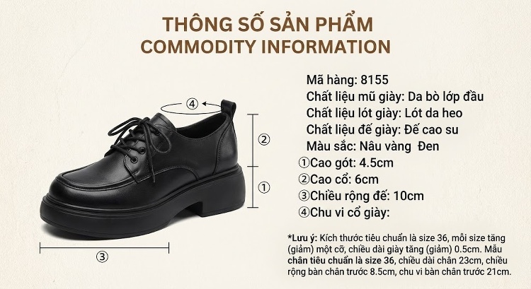 Giày Oxford Nữ Da Bò Buộc Dây Chiều Cao Đế Khoảng 4cm Phong Cách Retro Màu Đen, Nâu chi tiết 2